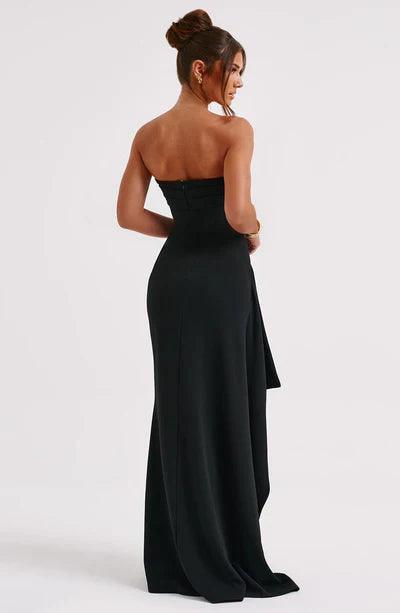 Women's Red Strapless Evening Gown – Fitted Bodice, Thigh-High Slit, Elegant Design