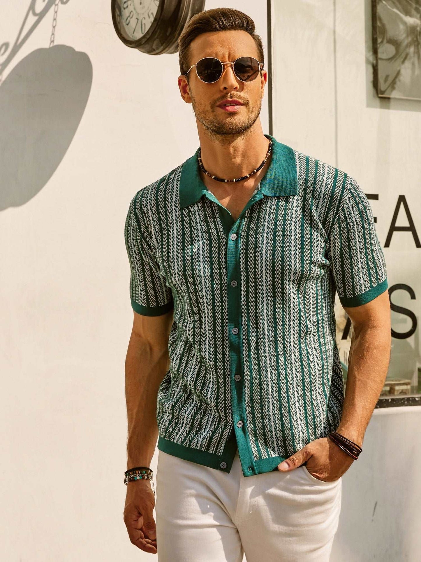 Samuel | Men's Retro Stripe Shirt Breathable Short Sleeve Button-Down Top