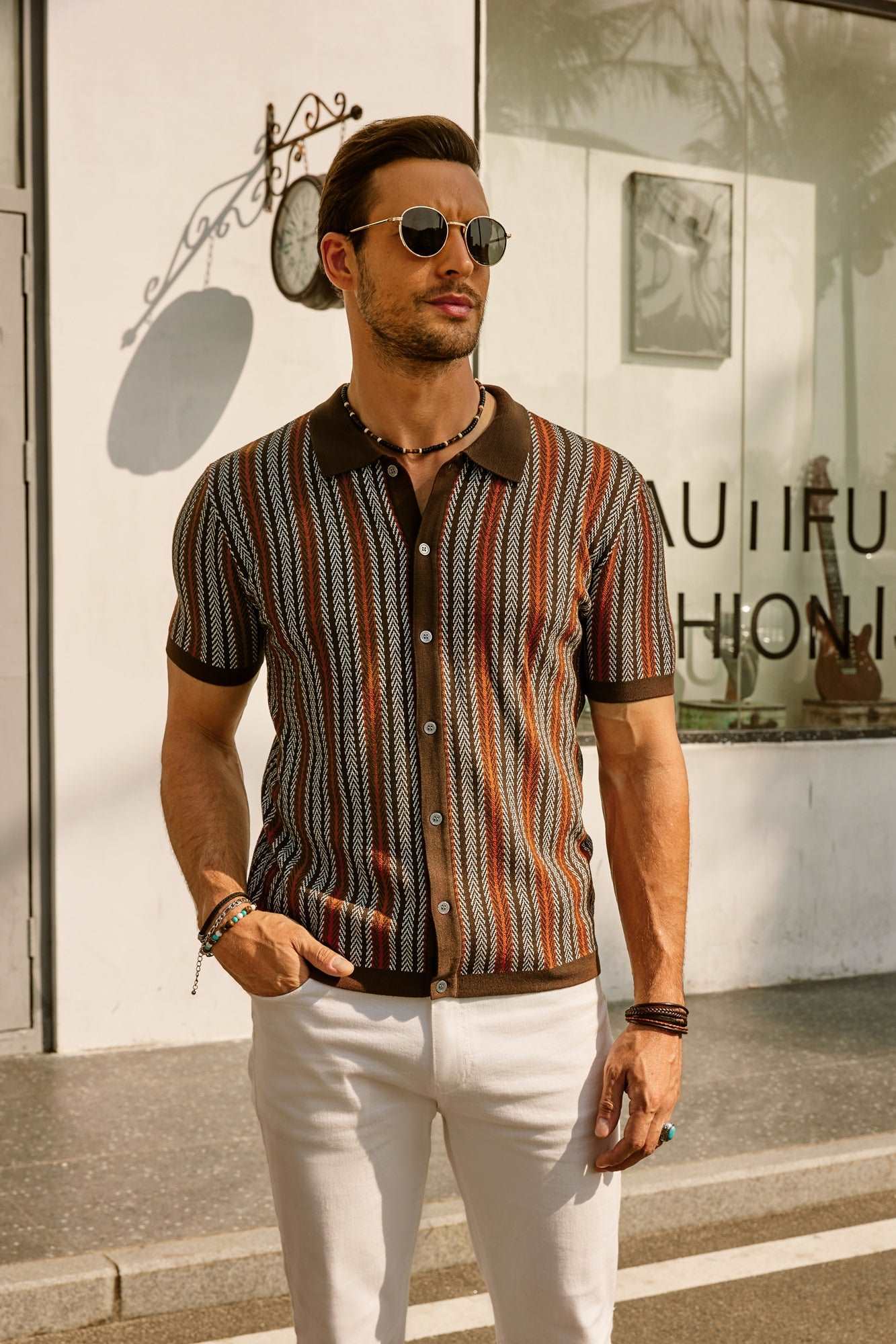 Samuel | Men's Retro Stripe Shirt Breathable Short Sleeve Button-Down Top