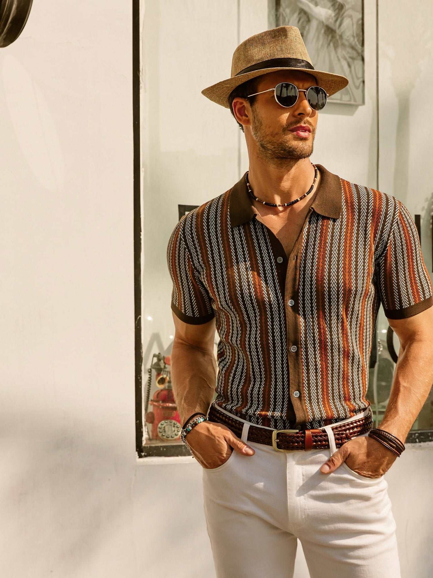 Samuel | Men's Retro Stripe Shirt Breathable Short Sleeve Button-Down Top