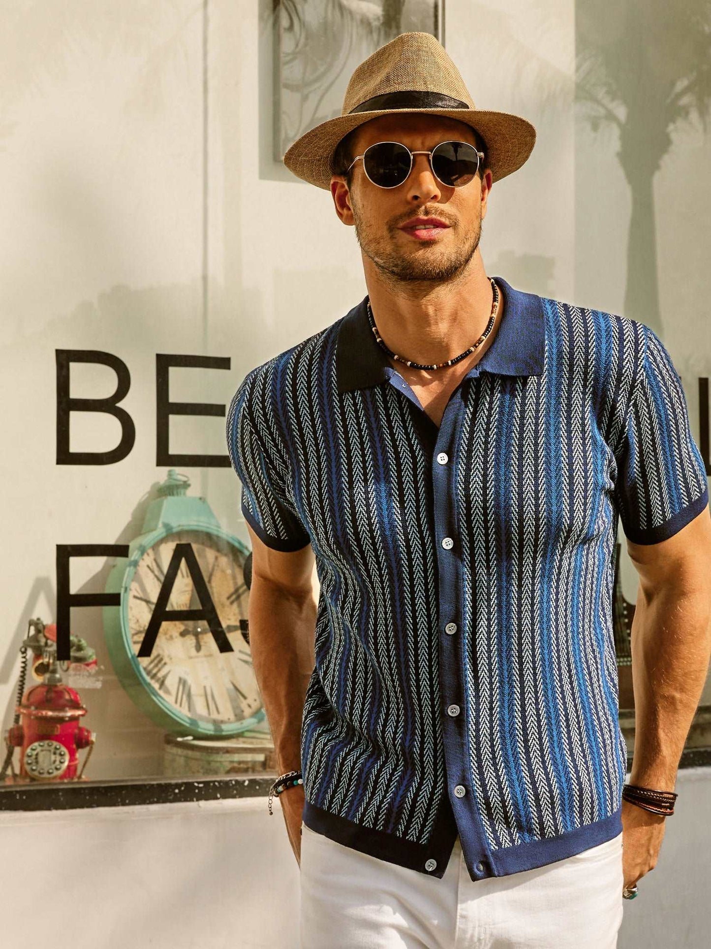 Samuel | Men's Retro Stripe Shirt Breathable Short Sleeve Button-Down Top