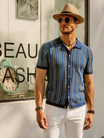 Samuel | Men's Retro Stripe Shirt Breathable Short Sleeve Button-Down Top