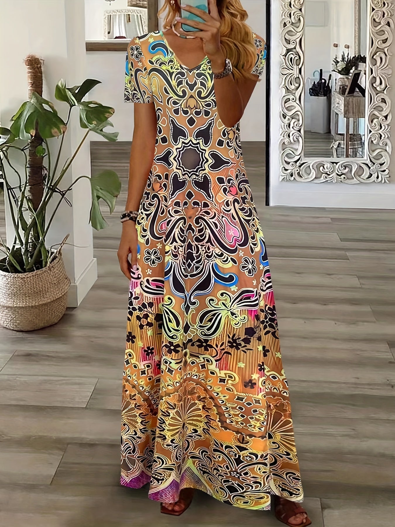 Variant image for Women's Maxi Dress – Elegant V-Neck, Short Sleeve, Relaxed Fit, Ornate Pattern, Summer Ready-16