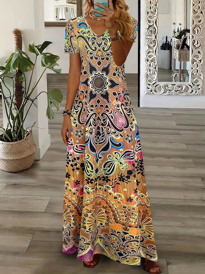 Variant image for Women's Maxi Dress – Elegant V-Neck, Short Sleeve, Relaxed Fit, Ornate Pattern, Summer Ready-16