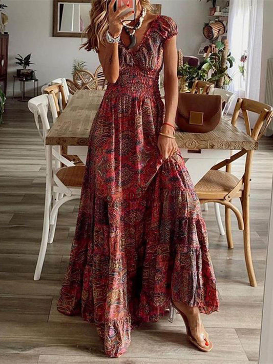 Women's Boho Maxi Dress – Lightweight Rayon Blend, Smocked Bodice, Puff Sleeves, Perfect for Summer