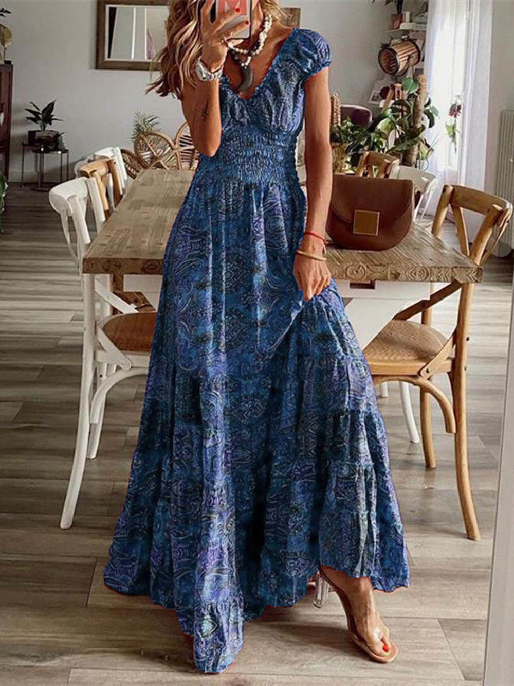 Women's Boho Maxi Dress – Lightweight Rayon Blend, Smocked Bodice, Puff Sleeves, Perfect for Summer