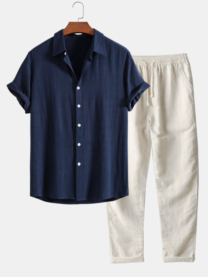 James | Men’s Linen Summer Set Breathable Short Sleeve Shirt & Cotton-Linen Pants
