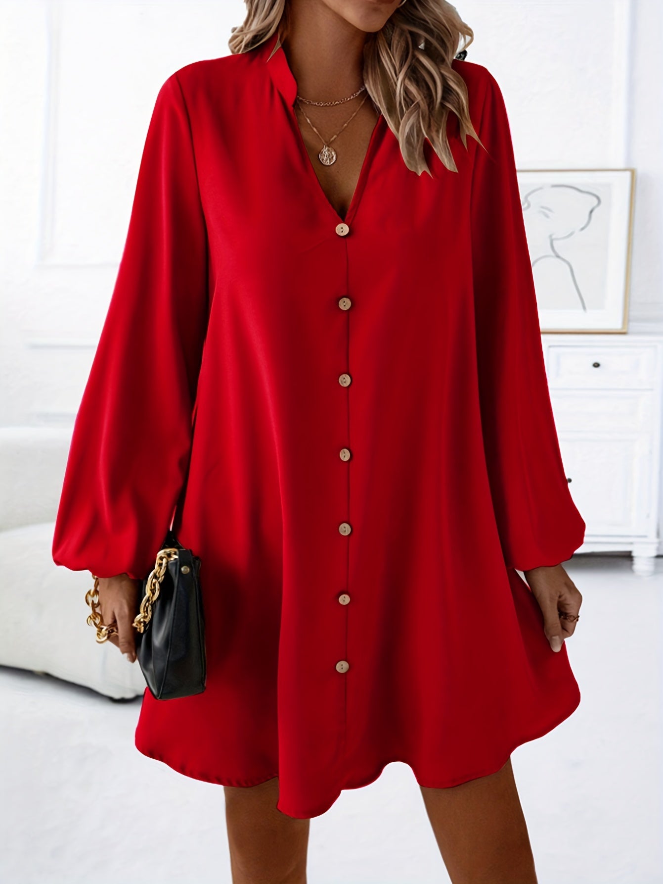 Variant image for Women's Long Sleeve Mini Dress – Relaxed Fit, V-Neck, Lightweight Polyester Blend-11