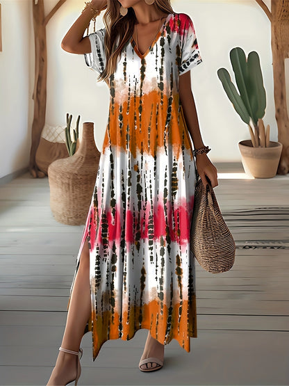 Women's Abstract Print Maxi Dress – V-Neck, Short Sleeve, Relaxed Fit, Side Slits, Rayon Blend