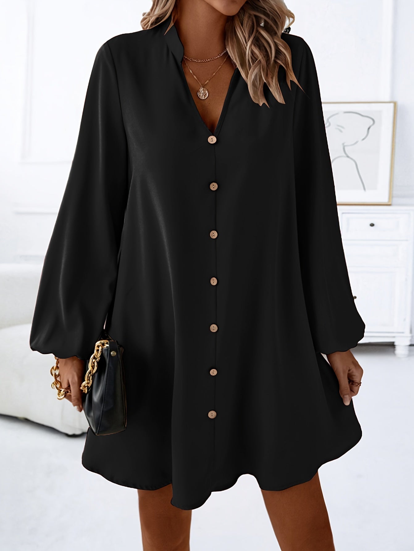 Variant image for Women's Long Sleeve Mini Dress – Relaxed Fit, V-Neck, Lightweight Polyester Blend-6