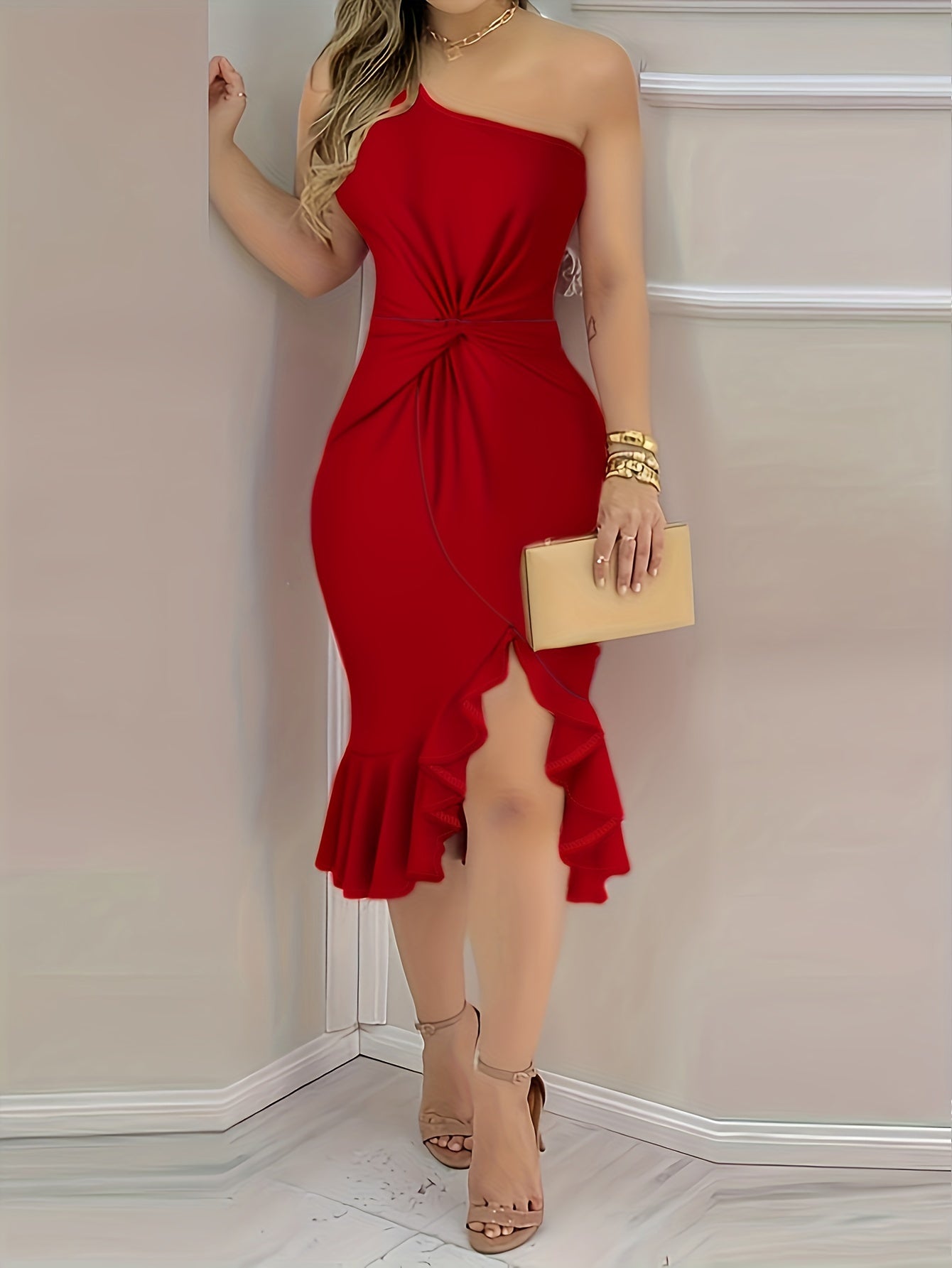 Variant image for Women's One-Shoulder Midi Dress – Elegant Ruffle Hem, Slim Fit, Lightweight Polyester, Perfect for Summer Events-11