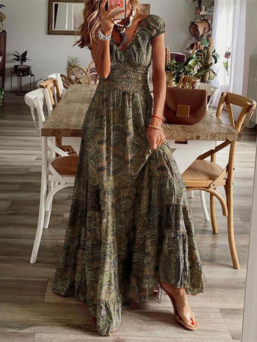 Variant image for Women's Boho Maxi Dress – Lightweight Rayon Blend, Smocked Bodice, Puff Sleeves, Perfect for Summer-16