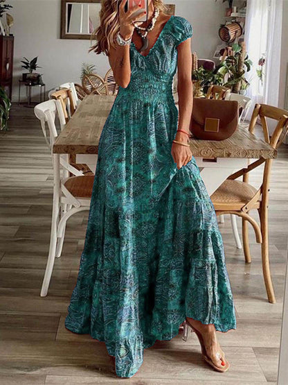 Women's Boho Maxi Dress – Lightweight Rayon Blend, Smocked Bodice, Puff Sleeves, Perfect for Summer
