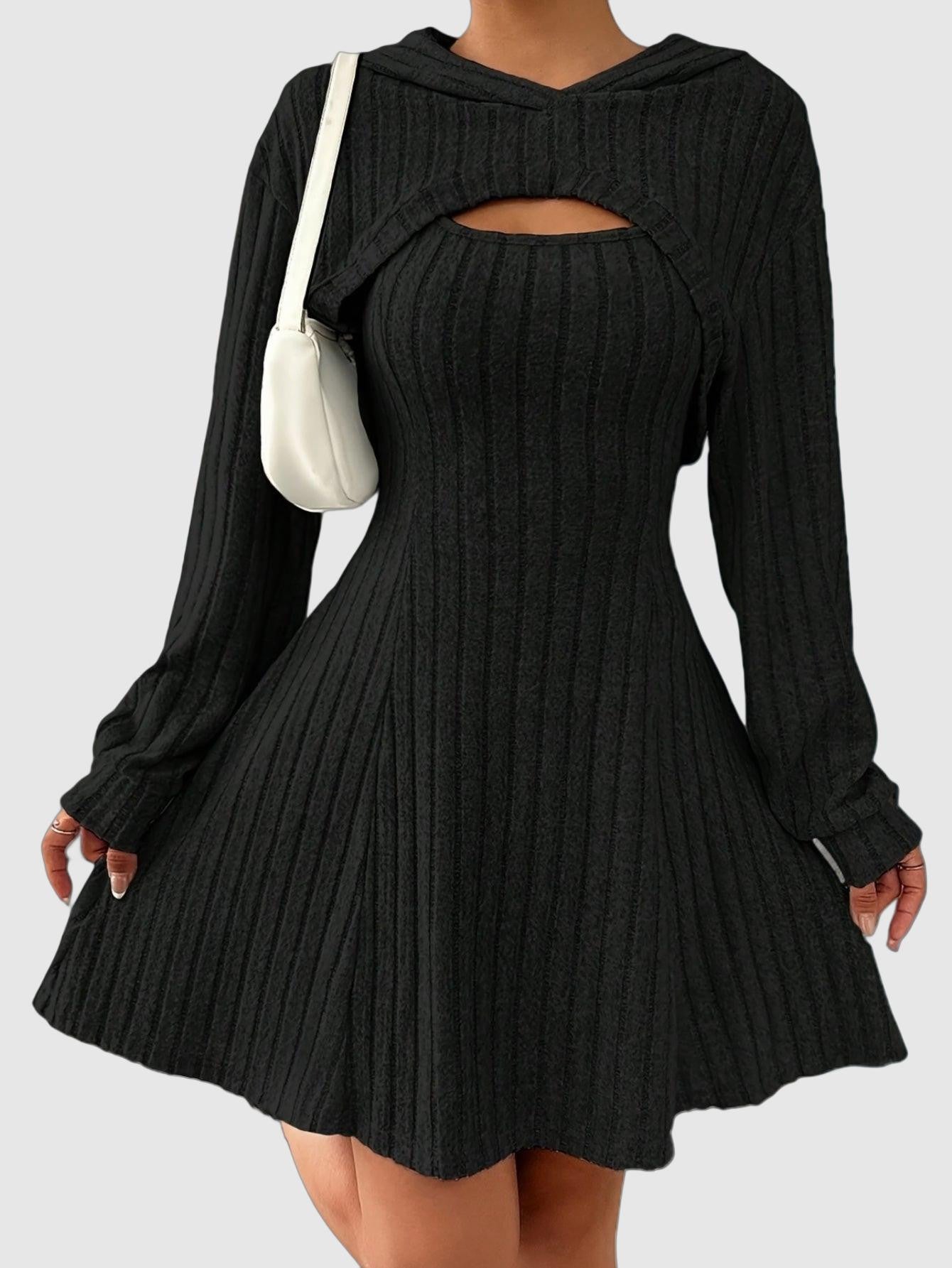 Women's Hooded Ribbed Knit Flare Dress – Fit-and-Flare, Soft Polyester Blend, Cut-Out Neckline