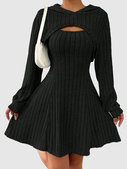 Women's Hooded Ribbed Knit Flare Dress – Fit-and-Flare, Soft Polyester Blend, Cut-Out Neckline