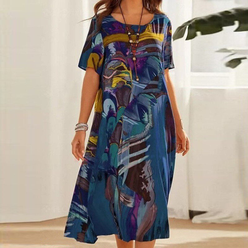 Variant image for Women's Abstract Summer Dress – Loose Fit, Short Sleeve, Mid-Length, Lightweight Cotton Blend-1