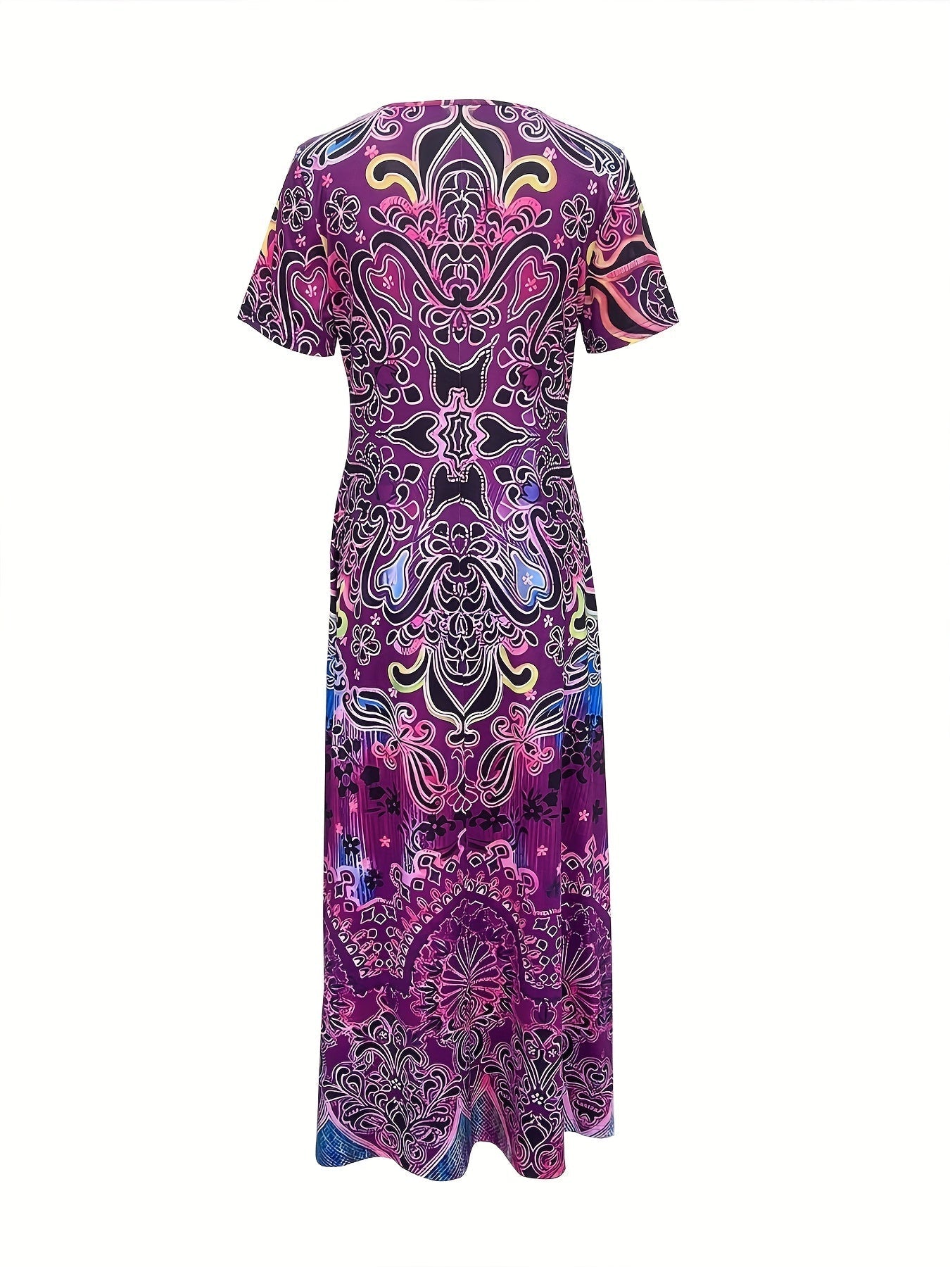 Women's Maxi Dress – Elegant V-Neck, Short Sleeve, Relaxed Fit, Ornate Pattern, Summer Ready