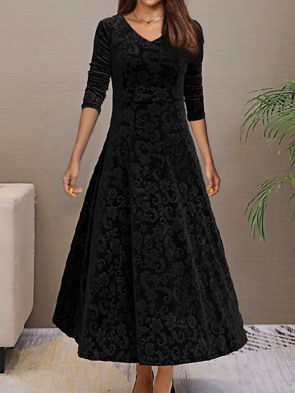 Women's Velvet A-Line Midi Dress – Elegant V-Neck, 3/4 Sleeve, Floral Pattern, Perfect for Semi-Formal Events