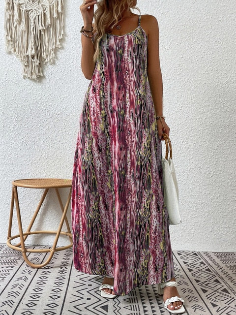 Women's Flowy Maxi Dress – Lightweight Cotton Blend, Relaxed Fit, Spaghetti Straps, Summer Style