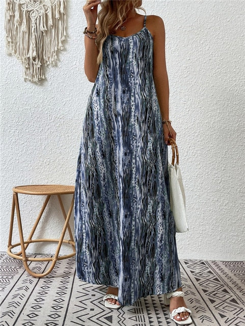 Women's Flowy Maxi Dress – Lightweight Cotton Blend, Relaxed Fit, Spaghetti Straps, Summer Style