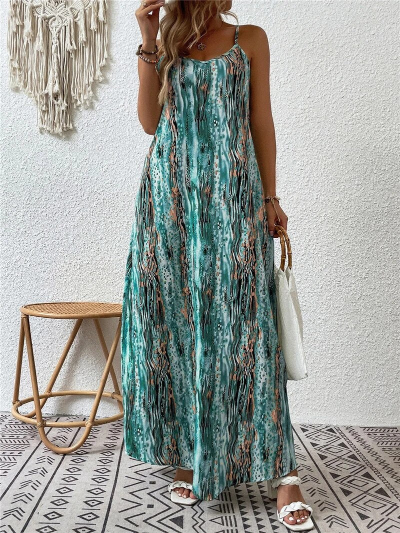 Variant image for Women's Flowy Maxi Dress – Lightweight Cotton Blend, Relaxed Fit, Spaghetti Straps, Summer Style-33