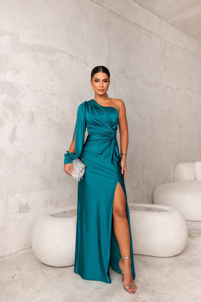 Variant image for Women's Elegant One-Shoulder Evening Gown – Fitted Silhouette, Long Sleeve, Daring High Slit, Satin Blend-1