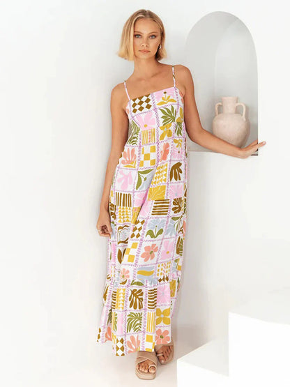 Women's Floral Maxi Dress – Lightweight A-Line, Spaghetti Straps, Casual Summer Wear