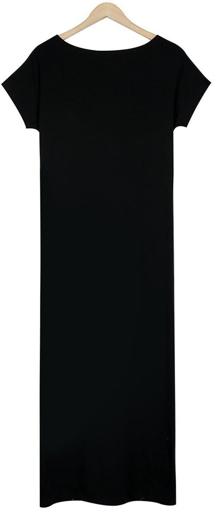 Women's Casual Maxi Dress – Soft Cotton Blend, Relaxed Fit, Short Sleeve, Side Slit, Pockets, Summer Essential