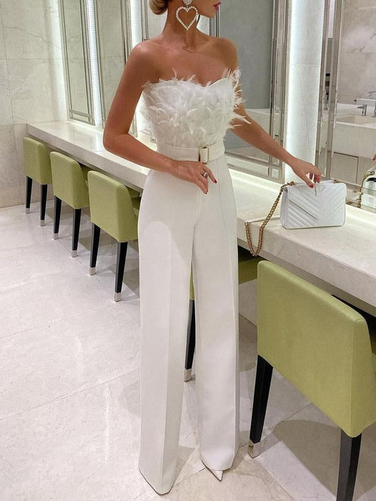 Grace | Elegant Feather Strapless Jumpsuit Slim Fit White Corset One-Piece