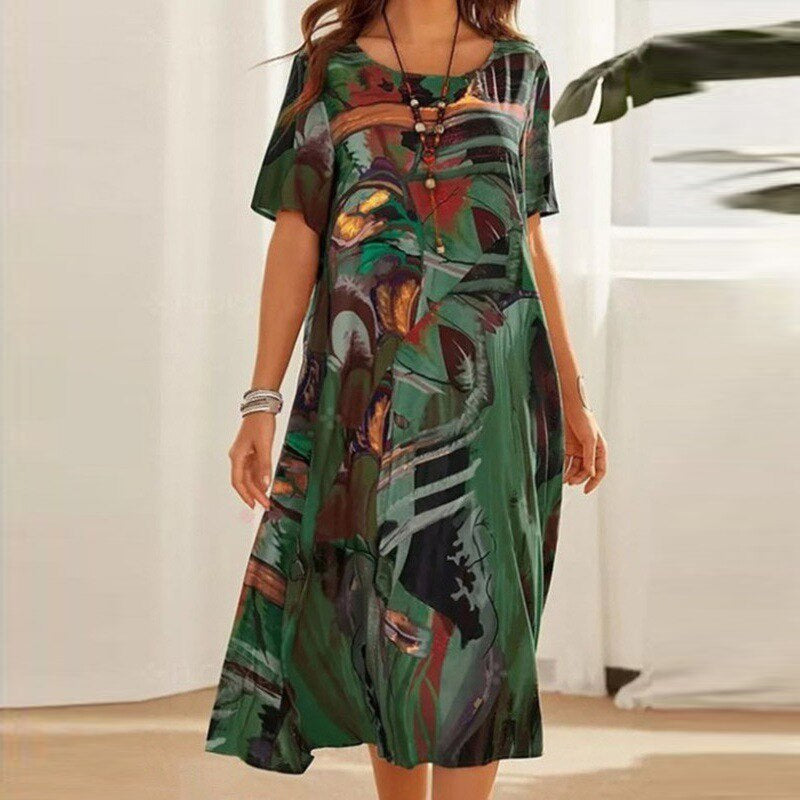 Variant image for Women's Abstract Summer Dress – Loose Fit, Short Sleeve, Mid-Length, Lightweight Cotton Blend-9