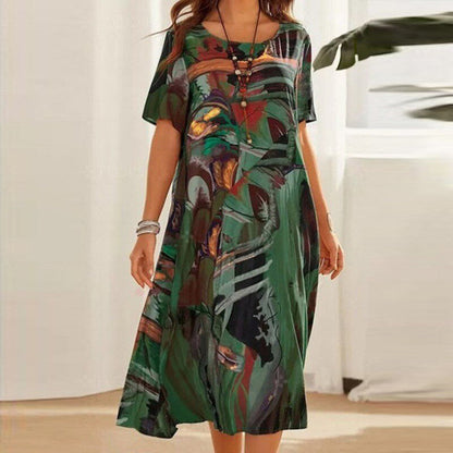 Women's Abstract Summer Dress – Loose Fit, Short Sleeve, Mid-Length, Lightweight Cotton Blend