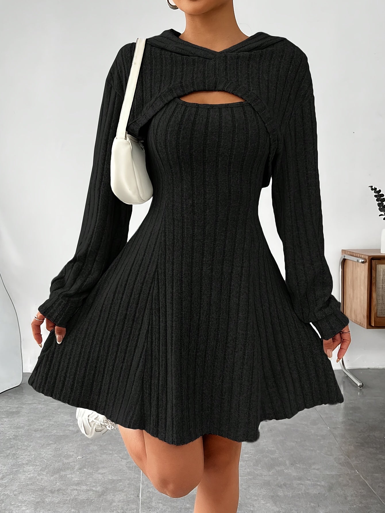 Women's Hooded Ribbed Knit Flare Dress – Fit-and-Flare, Soft Polyester Blend, Cut-Out Neckline