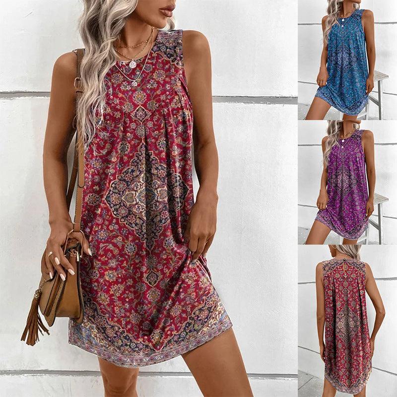 Women's Bohemian Print Summer Dress – A-Line, Sleeveless, Relaxed Fit