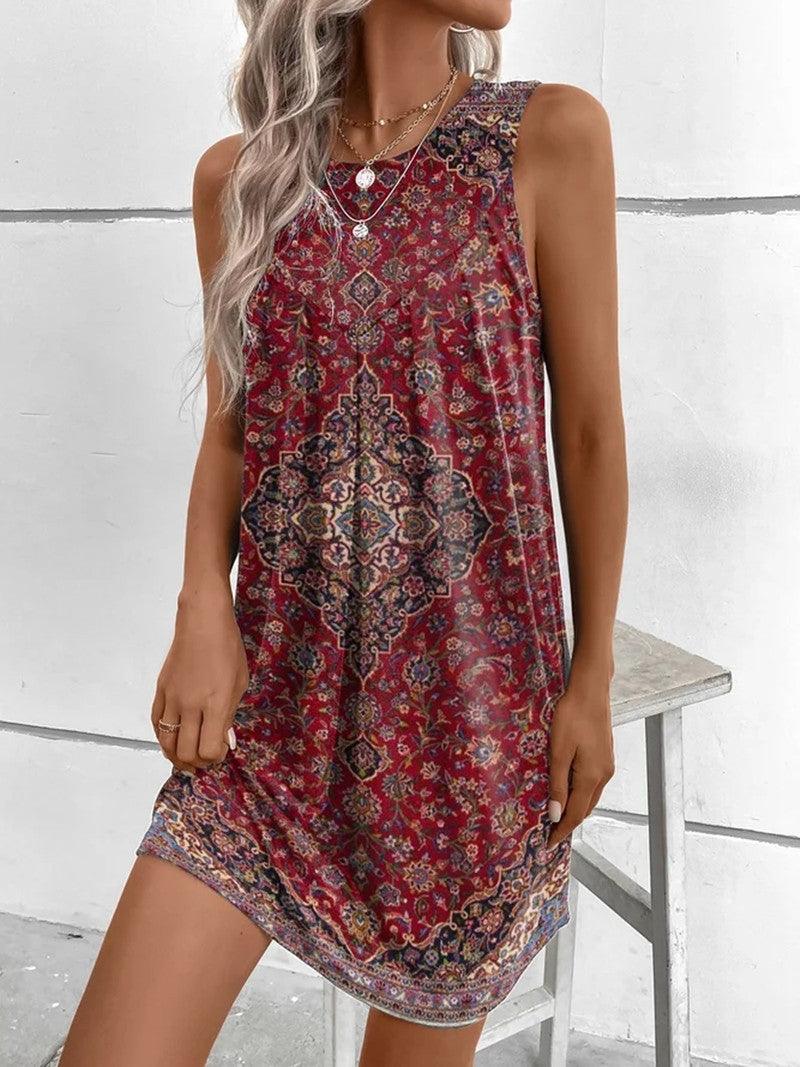 Women's Bohemian Print Summer Dress – A-Line, Sleeveless, Relaxed Fit
