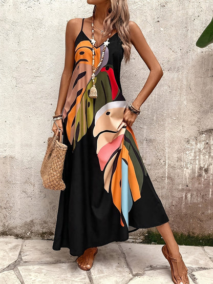 Women's Vibrant Print Maxi Dress – Flattering V-Neck, Spaghetti Straps, Casual Fit, Summer Essential
