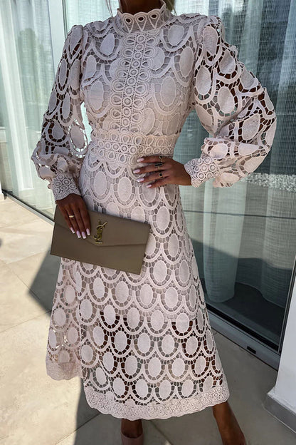 Daisy | Elegant Lace Midi Dress Puff Sleeve High Neck A-Line Cocktail Dress