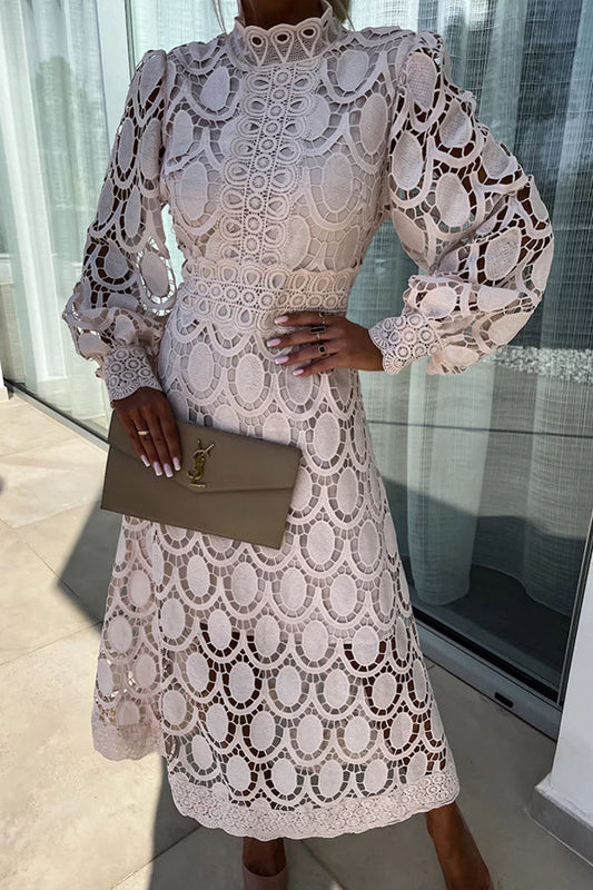 Daisy | Elegant Lace Midi Dress Puff Sleeve High Neck A-Line Cocktail Dress