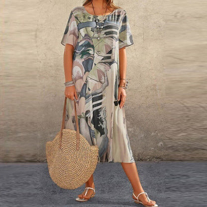 Women's Abstract Summer Dress – Loose Fit, Short Sleeve, Mid-Length, Lightweight Cotton Blend
