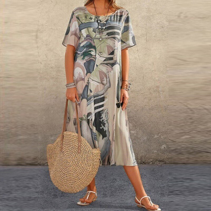 Variant image for Women's Abstract Summer Dress – Loose Fit, Short Sleeve, Mid-Length, Lightweight Cotton Blend-17