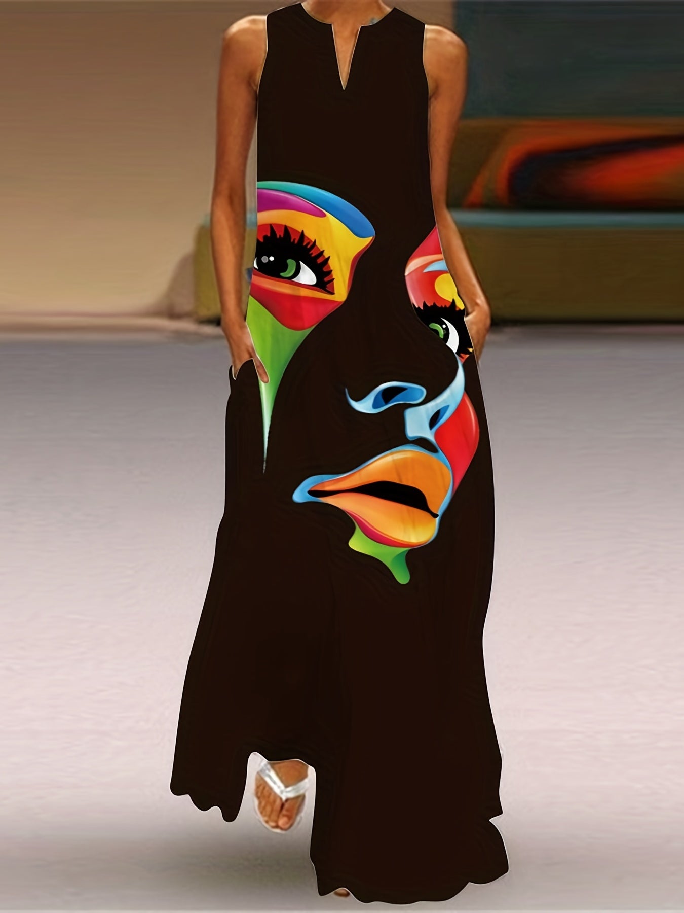 Women's Maxi Dress – Artistic Face Print, Flattering V-Neck, Sleeveless, Flowing Fit, Summer Style