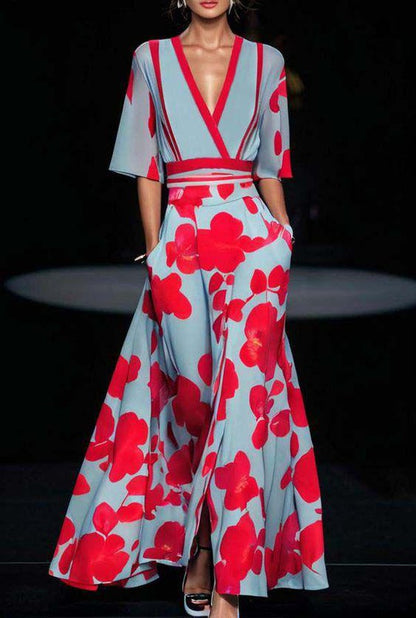Women's Floral Maxi Dress – Elegant Deep V-Neck, Elbow Sleeves, Fitted Waist, Flowing Skirt, Summer Ready