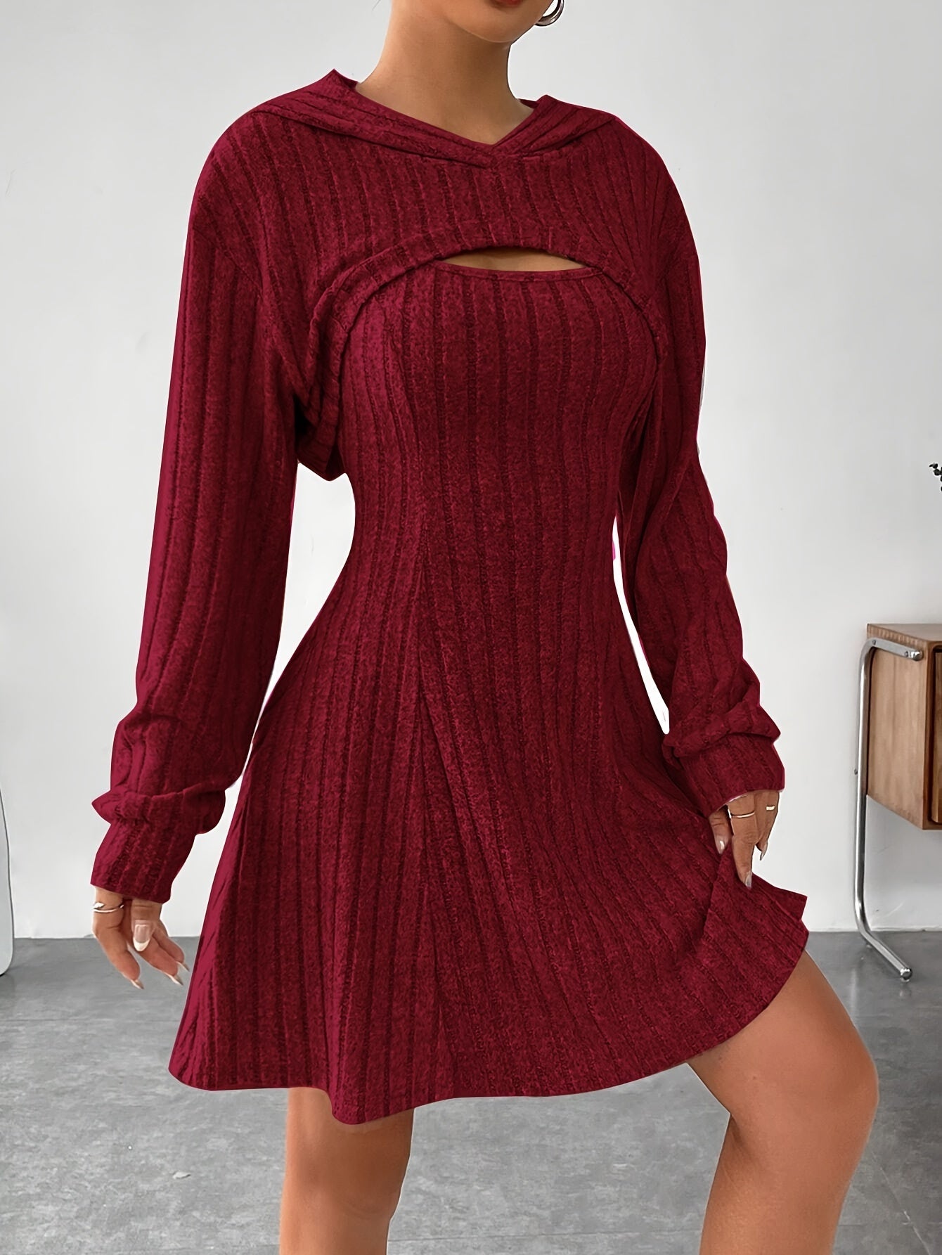 Variant image for Women's Hooded Ribbed Knit Flare Dress – Fit-and-Flare, Soft Polyester Blend, Cut-Out Neckline-6