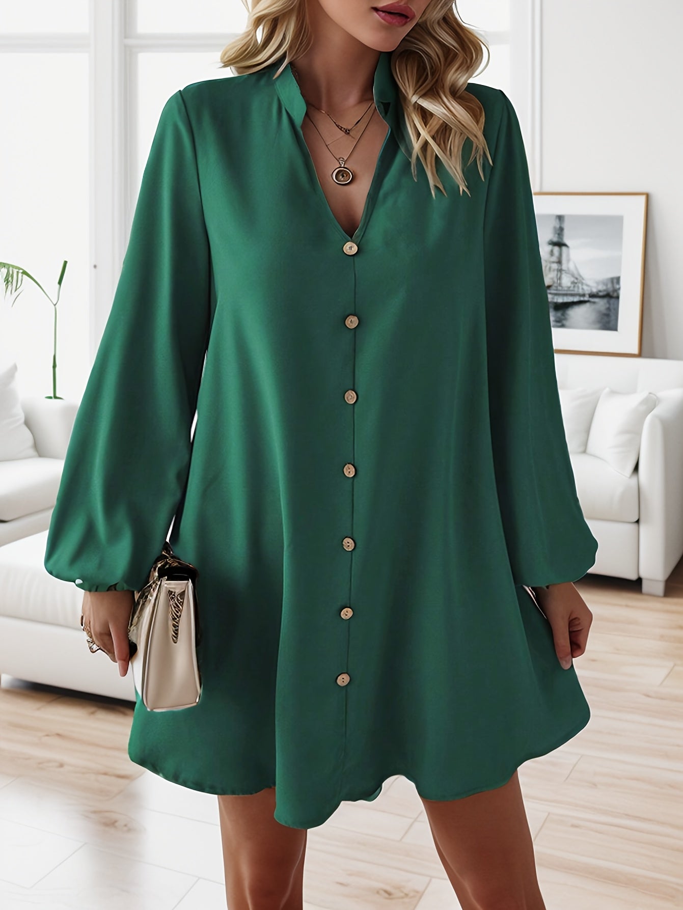 Variant image for Women's Long Sleeve Mini Dress – Relaxed Fit, V-Neck, Lightweight Polyester Blend-1