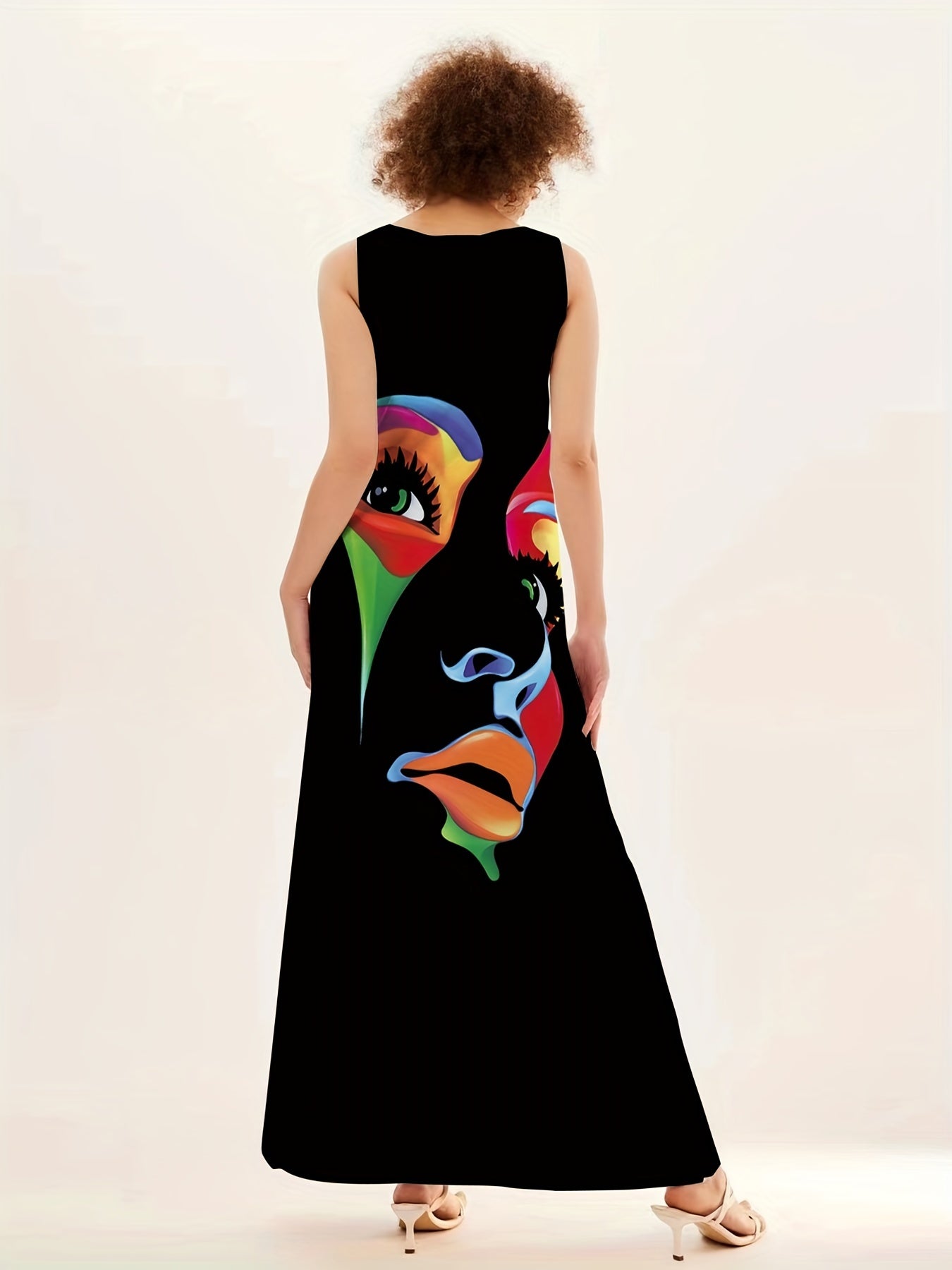 Women's Maxi Dress – Artistic Face Print, Flattering V-Neck, Sleeveless, Flowing Fit, Summer Style
