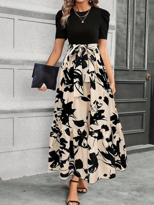 Women's Floral Maxi Dress – Puff Short Sleeve, A-Line Fit, Cotton, Perfect for Summer
