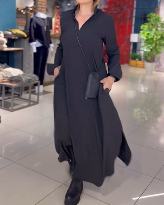 Women's Black Maxi Dress – Flattering V-Neck, Loose Fit, Long Sleeve, Side Slit, Pockets
