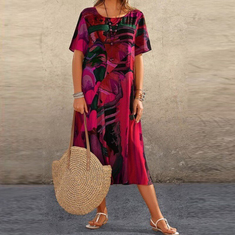 Women's Abstract Summer Dress – Loose Fit, Short Sleeve, Mid-Length, Lightweight Cotton Blend