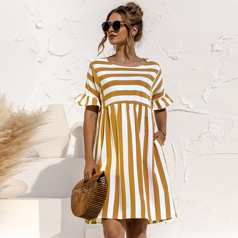 Variant image for Women's Striped Summer Dress – Relaxed Fit, Knee-Length, Short Sleeve with Ruffle Detail, Breathable Cotton-15