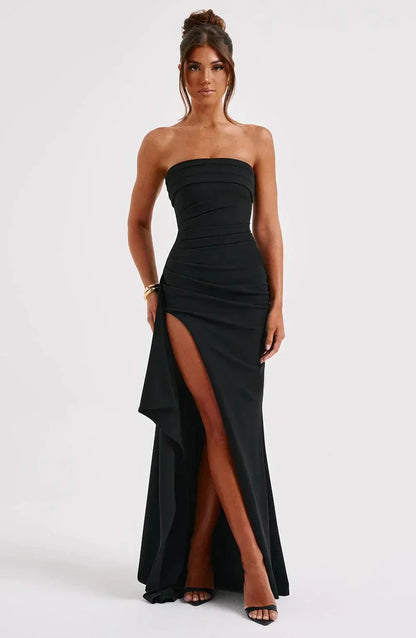 Women's Red Strapless Evening Gown – Fitted Bodice, Thigh-High Slit, Elegant Design