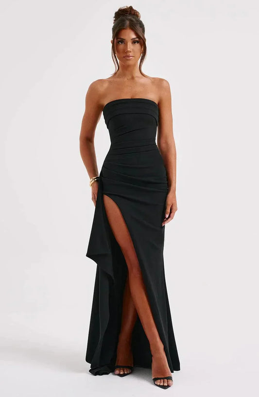 Women's Red Strapless Evening Gown – Fitted Bodice, Thigh-High Slit, Elegant Design